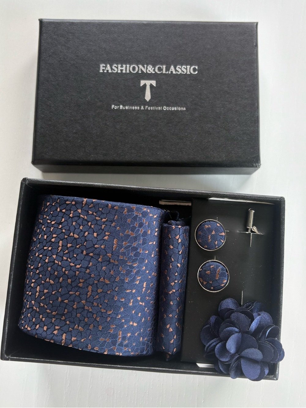 Fashion and Classic Navy and Brown Men's Tie set with lapel and cufflinks